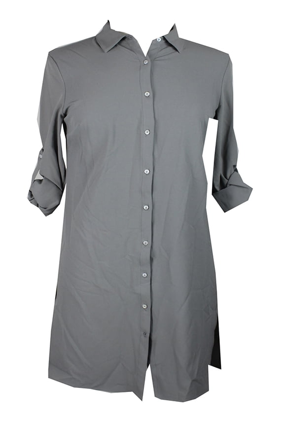 Womens Grey Roll-Tab-Sleeve Button-Down Shirt Dress S
