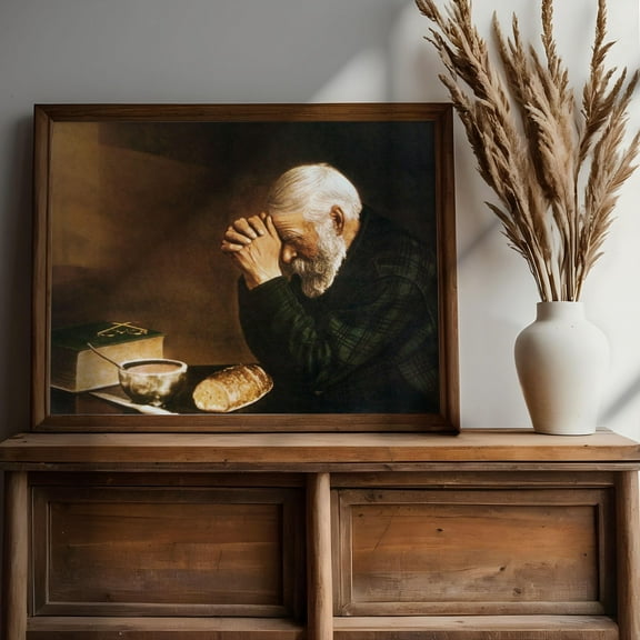 Grace By Eric Enstrom Print Wall Art, Man Praying Over Bread Wall Decor, Vintage Christian Art, Old Photography Wall Art, Man Table Prayer. Warm Present Vintage UNFRAMED Poster Size 12x18