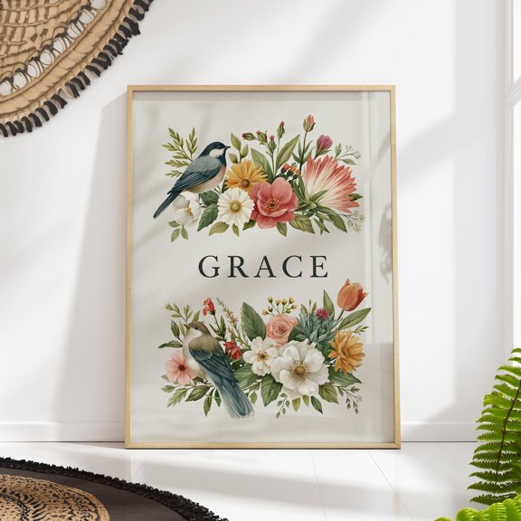 Grace Floral Bird Christian Print, Unframed Paper Poster 24x36in