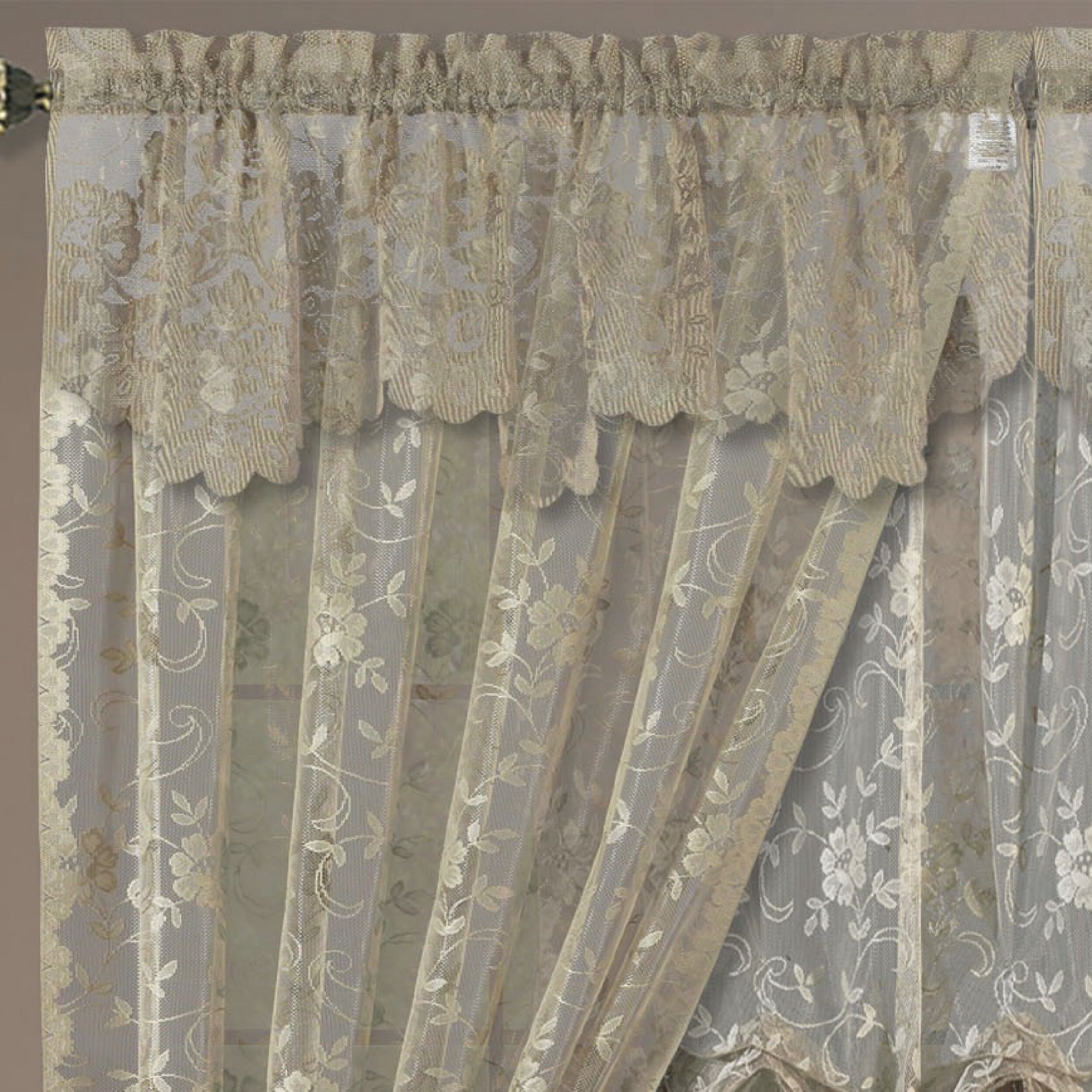 Grace Floral Lace Window Curtain Panels Or Valance Khaki 13 Inches
