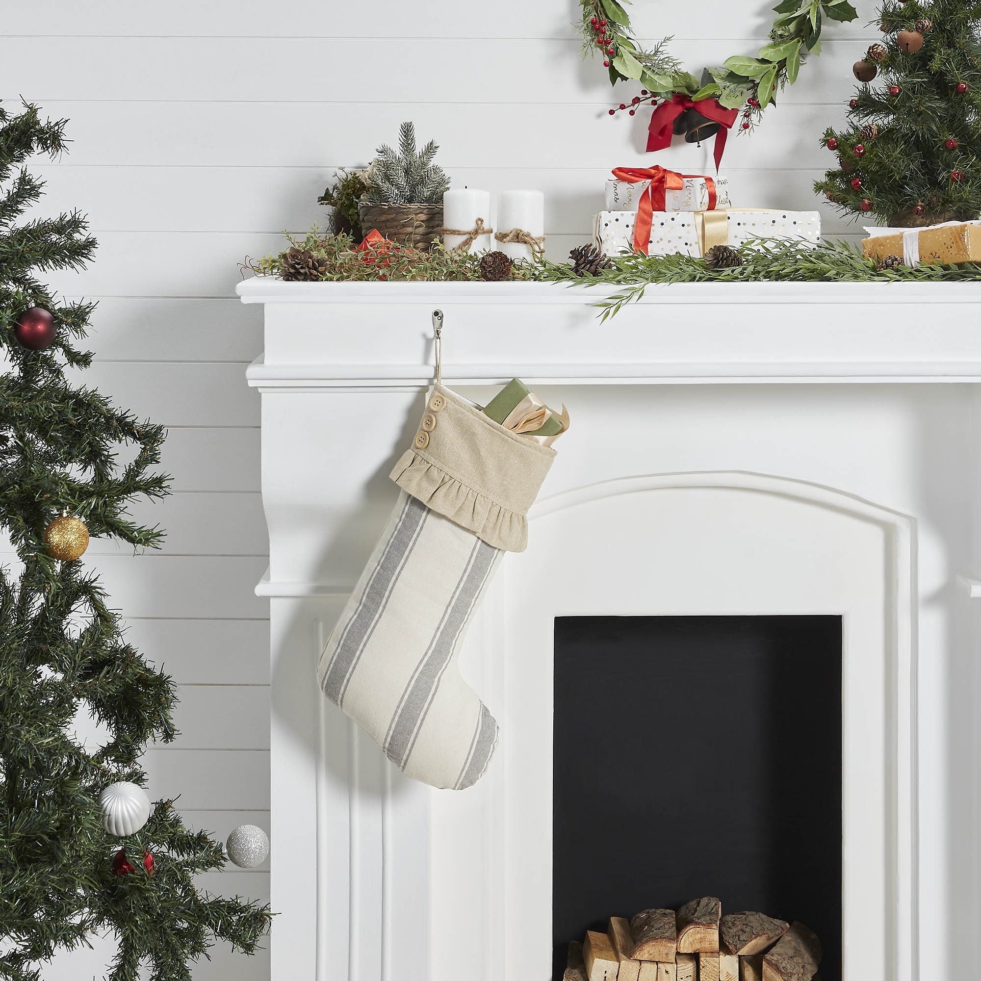 Grace 12x20 Beige and Gray Ruffled Christmas Stocking