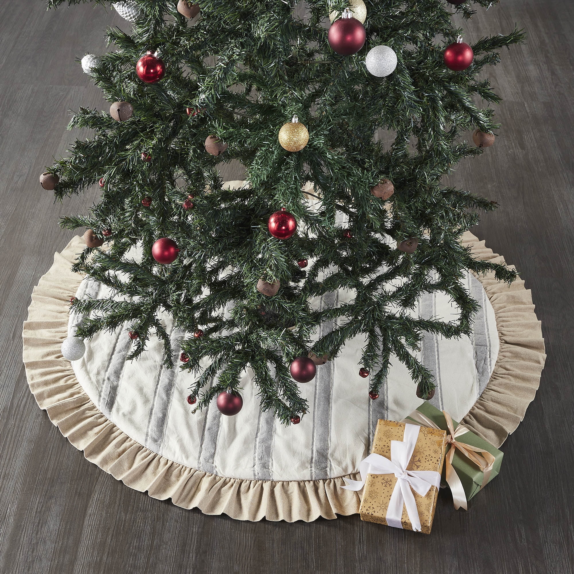 48" Cream and Gray Striped Cotton Tree Skirt