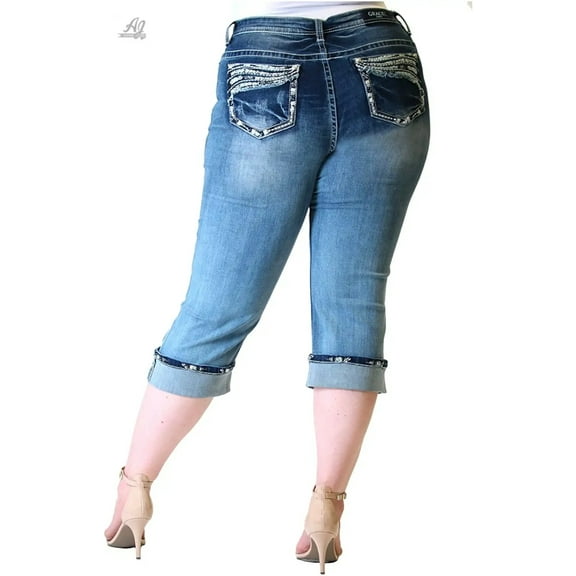 Grace In LA Jeans Plus Capri Mid Rise Cropped Embroidered Bling Stretch Cuffed