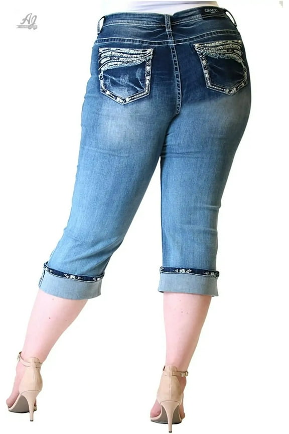 Grace In LA Jeans Plus Capri Mid Rise Cropped Embroidered Bling Stretch Cuffed