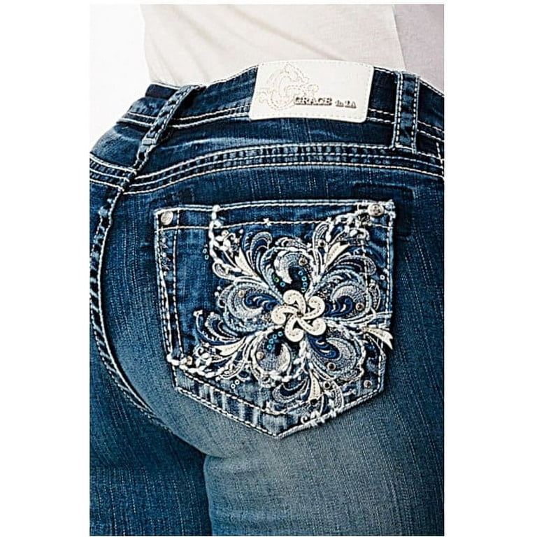 Grace In LA Women's Crystal Embellished Floral Embroidered Pocket Bootcut  Stretch Jeans (30)