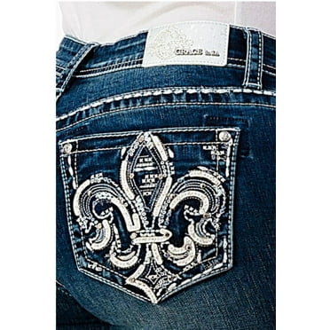 Grace In LA Women's Fleur De Lis Embellished Back Pockets Bootcut Stretch Jeans (25)