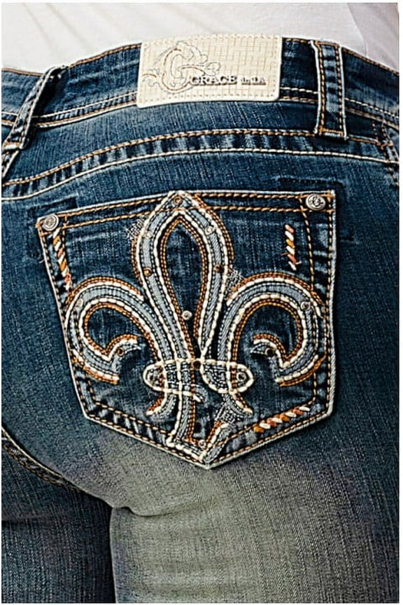 Women's Fleur De Lis Embroidered Pockets Bootcut Stretch Jeans (28)