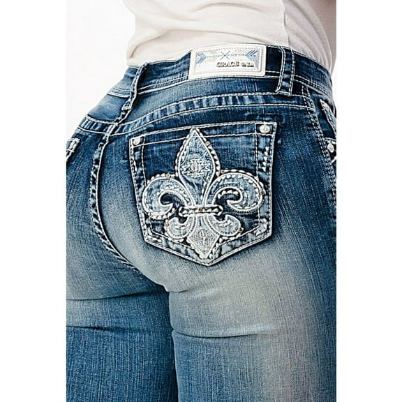 Grace In LA Women's Fleur De Lis Embroidered Pockets Bootcut Stretch Jeans (29)