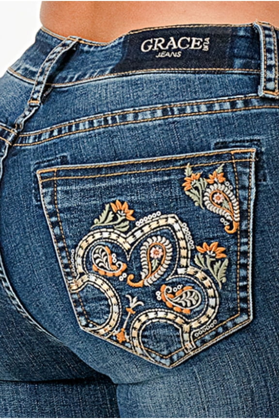 Women's Fleur De Lis Embroidered Pockets Bootcut Stretch Jeans (30, Blue)