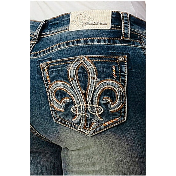 Grace In LA Women's Fleur De Lis Embroidered Pockets Bootcut Stretch Jeans (31)