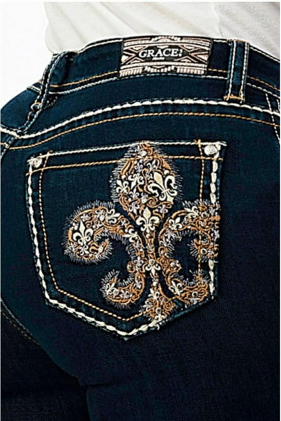 Women's Fleur De Lis Embroidered Pockets Bootcut Stretch Jeans (32, Dark Blue)