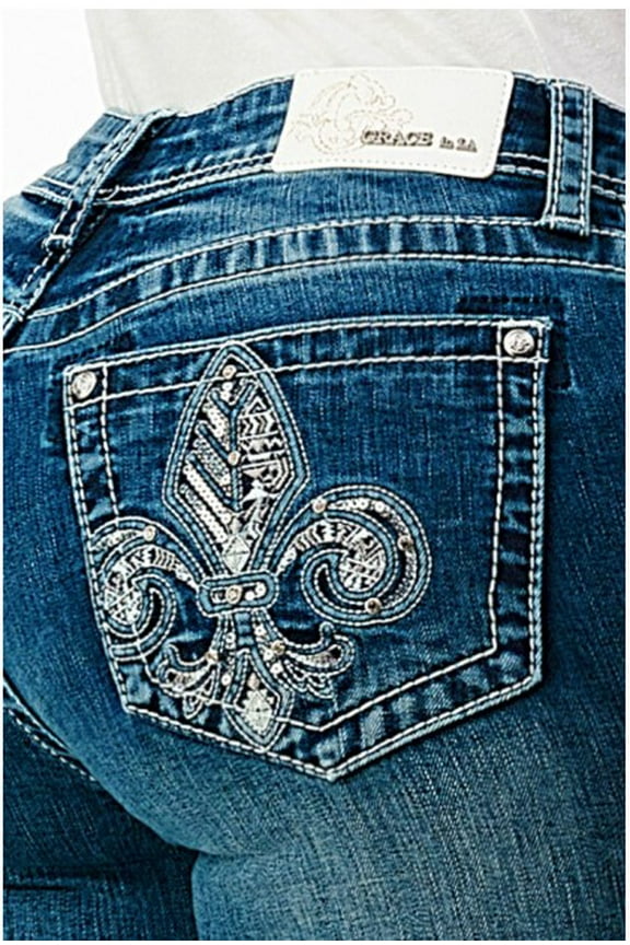 Women's Fleur De Lis Embroidered Stud Pockets Bootcut Stretch Jeans (29)