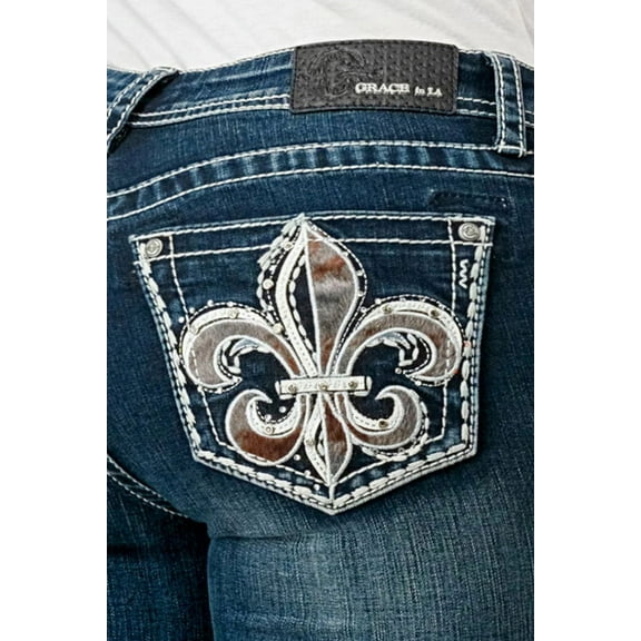 Grace In LA Women's Fleur De Lis Rhinestone Embellished Bootcut Stretch Jeans (29, Blue Stonewashed)