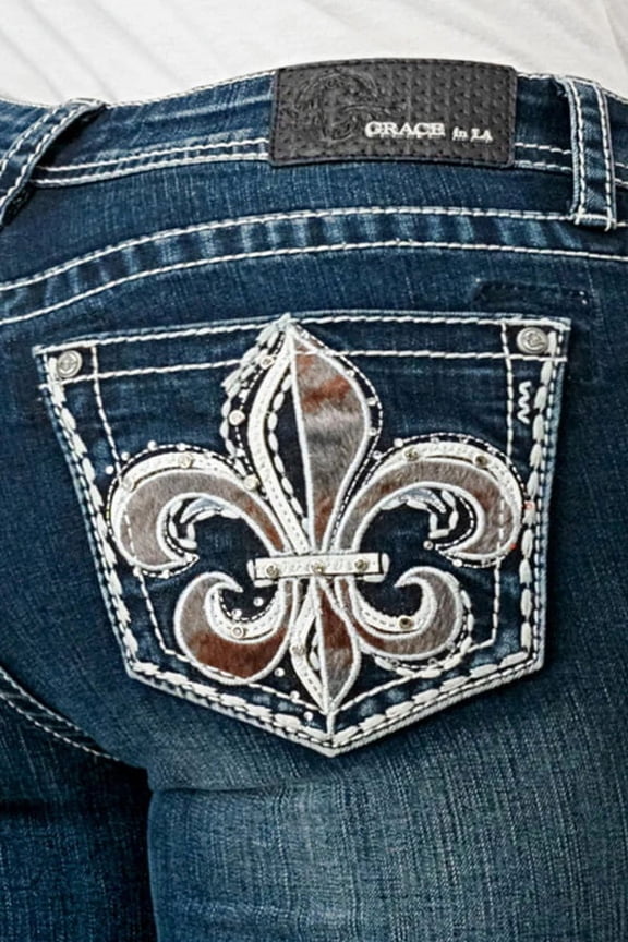 Women's Fleur De Lis Rhinestone Embellished Bootcut Stretch Jeans (30, Blue Stonewashed)