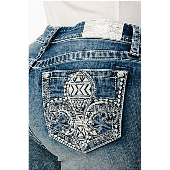 Grace In LA Women's Fleur Embellished Embroidered Pockets Bootcut Stretch Jeans (25)