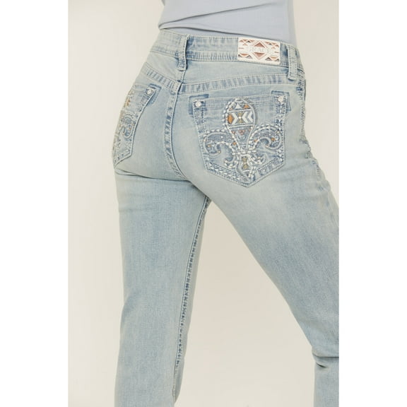 Grace In LA Women's Fleur Embellished Embroidered Pockets Bootcut Stretch Jeans (32)
