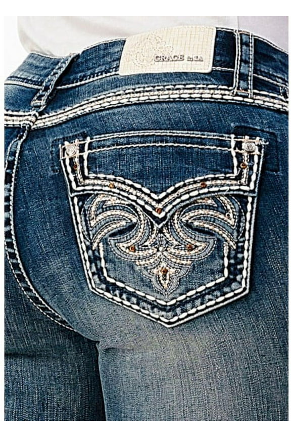 Women's Heavy Stitch Crystal Embellished Pockets Bootcut Stretch Jeans (28)