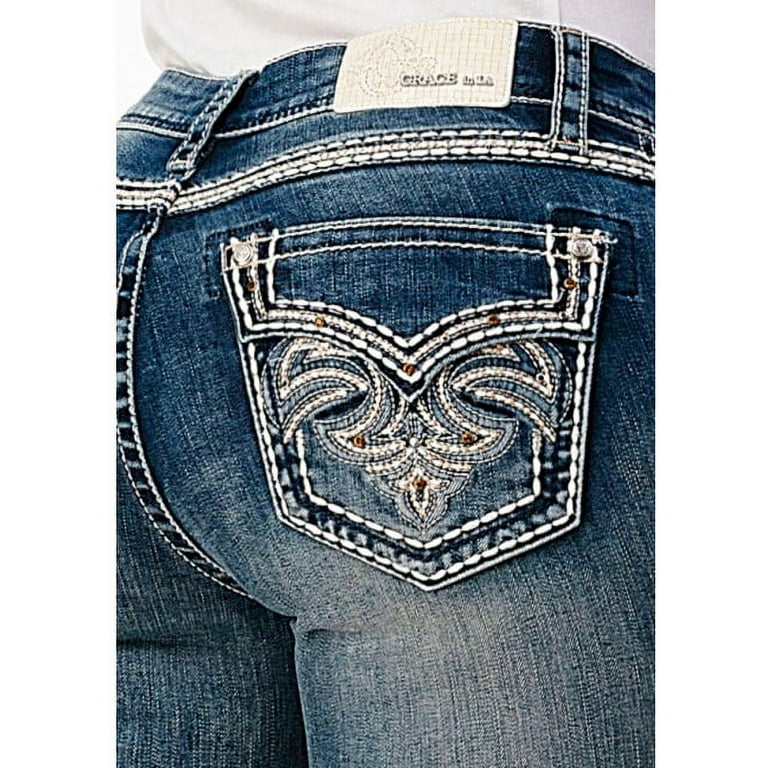 Grace In LA Women s Heavy Stitch Crystal Embellished Pockets Bootcut Stretch Jeans 34