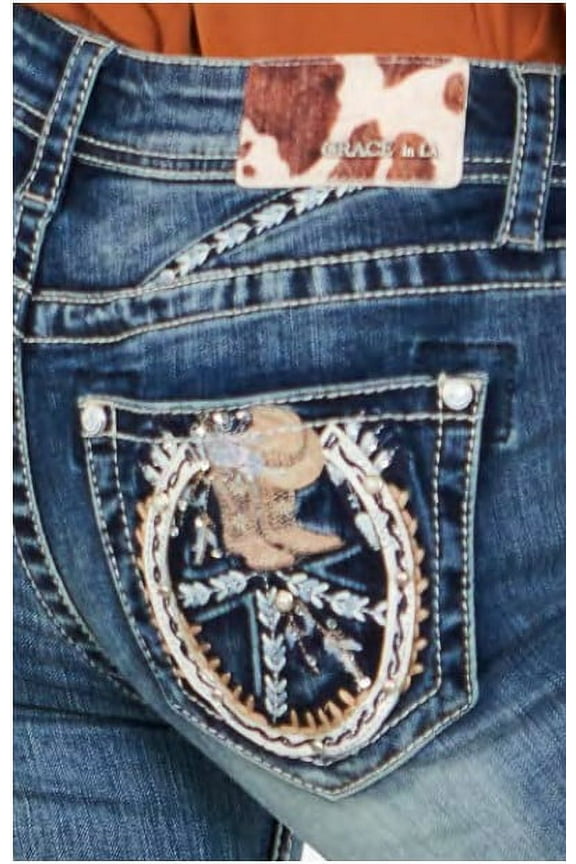 Women's Horseshoe Boot Embroidered Pockets Bootcut Stretch Jeans (27)