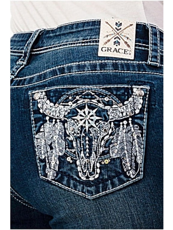 Women's Western Crystal Embellished Cowhead Pocket Bootcut Stretch Jeans (29)