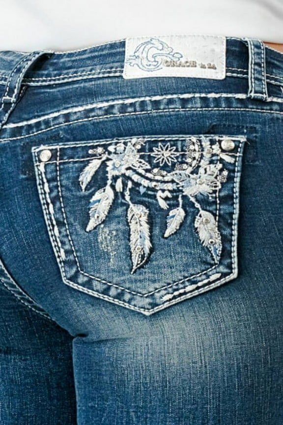 Women's Western Feather Embroidered Distressed Bootcut Stretch Jeans (28, Stonewashed Blue)