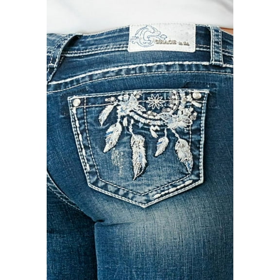 Grace In LA Women's Western Feather Embroidered Distressed Bootcut Stretch Jeans (33, Stonewashed Blue)