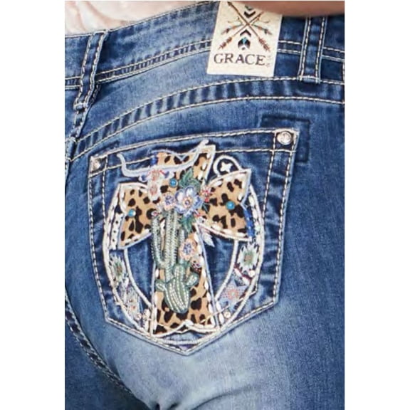 Grace In LA Women's Western Horseshoe Cross Embroidered Pockets Bootcut Stretch Jeans (25)