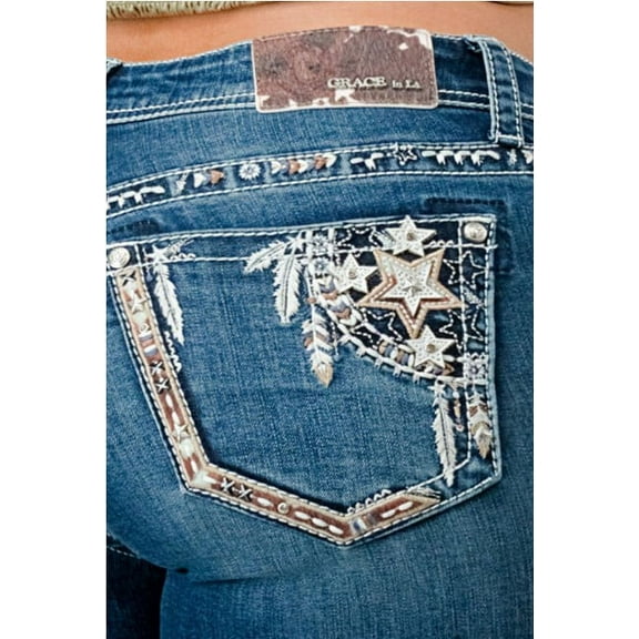 Grace In LA Women's Western Stars Feathers Embroidered Bootcut Stretch Jeans (30, Blue Stonewashed)