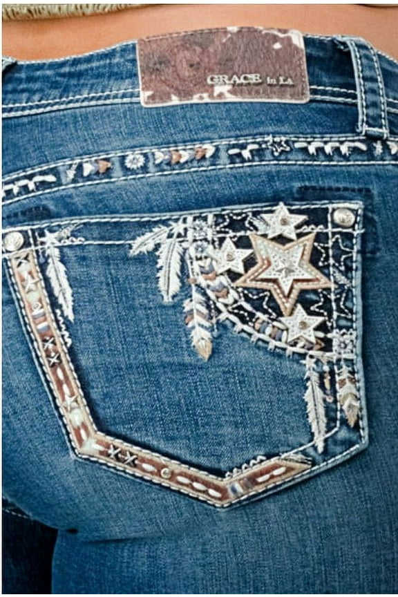 Women's Western Stars Feathers Embroidered Bootcut Stretch Jeans (30, Blue Stonewashed)