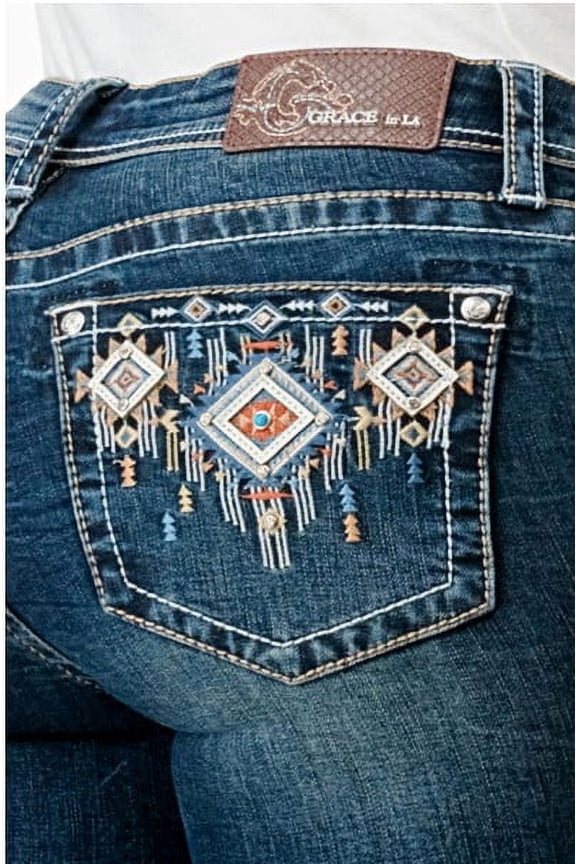 Women's Dark Wash Mid Rise Geo Pocket Bootcut Jeans Dark Wash 27W x 34L