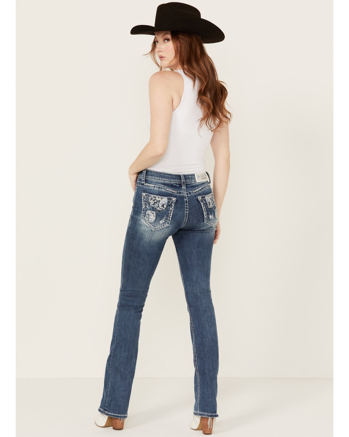 Miss Me Women's Paisley Print Bootcut Jeans - Mid-Rise, Dark Wash With Rhinestones