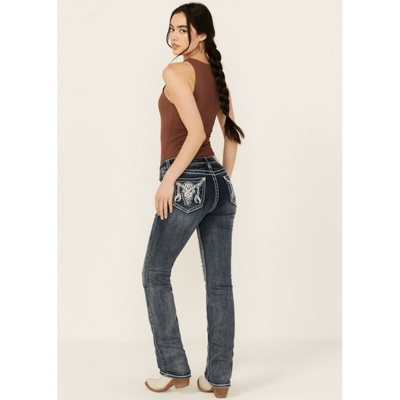 Grace In La Women's In Medium Wash Sequin Cow Skull Mid Rise Bootcut Stretch Medium Wash 34W x 34L