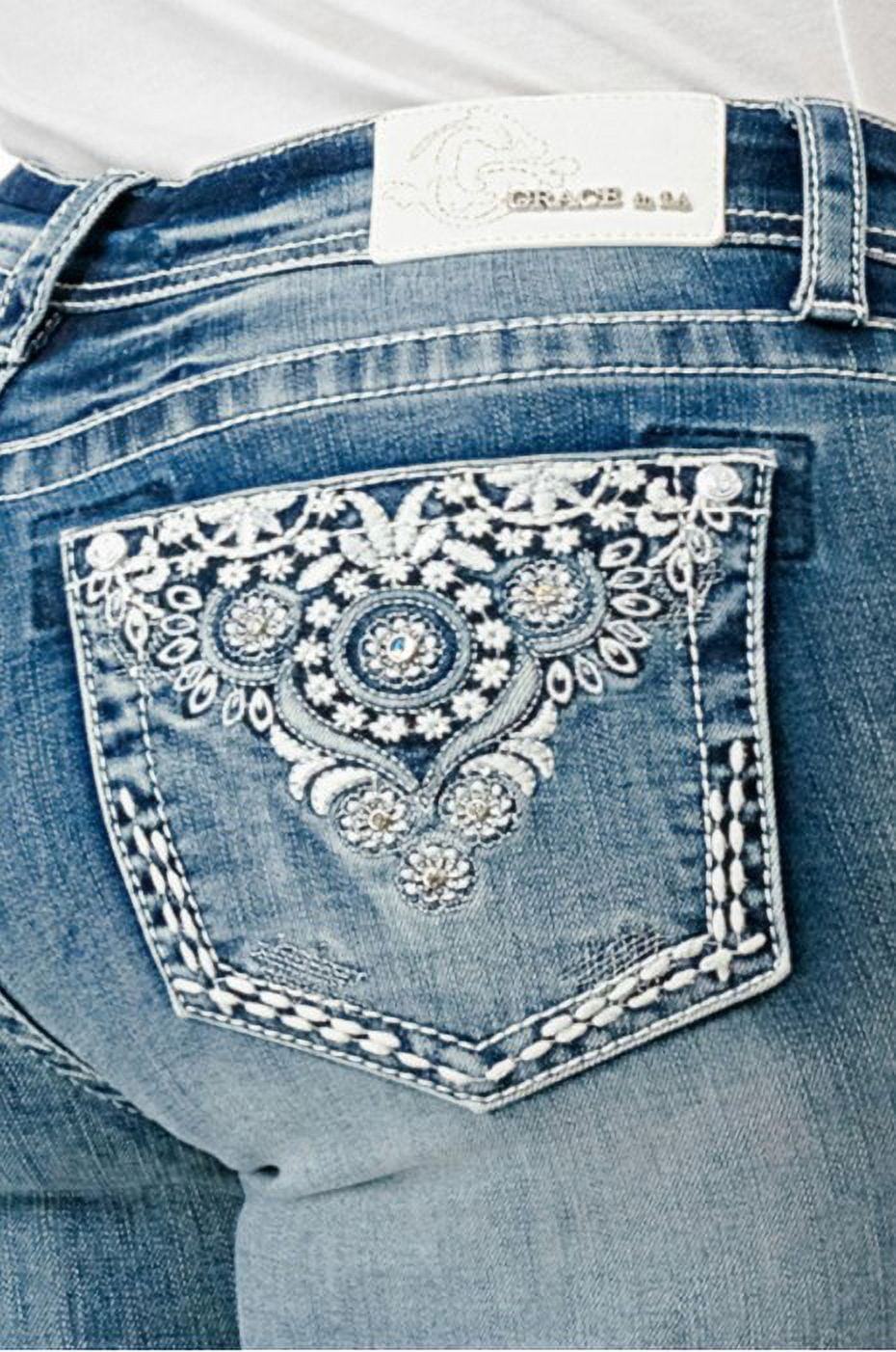 Grace In La Women's Light Wash Mid Rise Floral Motif Pocket Bootcut Jeans  Light Wash 30W x 34L