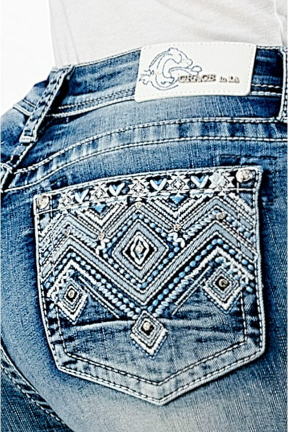 Women's Light Wash Mid Rise Geo Embroidered Pocket Bootcut Jeans Light Wash 29W x 34L