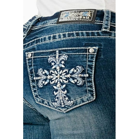Grace In La Women's Medium Wash Mid Rise Cross Embroidered Stretch Bootcut Jeans - EBS675 26W x 34L