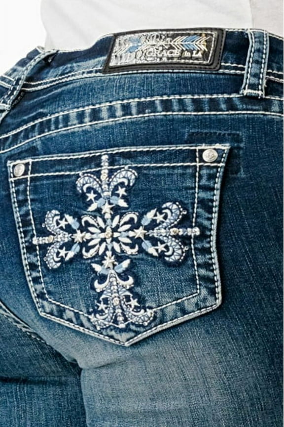 Women's Medium Wash Mid Rise Cross Embroidered Stretch Bootcut Jeans - EBS675 26W x 34L
