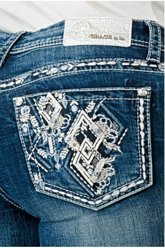 Women's Medium Wash Mid Rise Diamond Pocket Bootcut Stretch Denim Medium Wash 27W x 34L