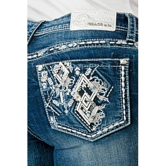 Grace In La Women's Medium Wash Mid Rise Diamond Pocket Bootcut Stretch Denim Medium Wash 30W x 34L