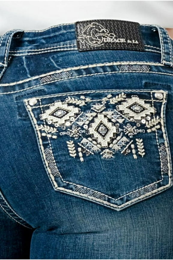 Women's Medium Wash Mid Rise Geo Pocket Stretch Bootcut Jeans Medium Wash 29W x 34L