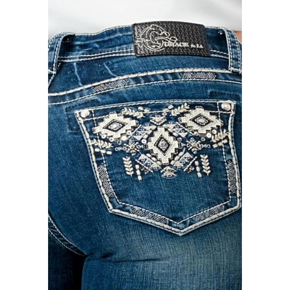Grace In La Women's Medium Wash Mid Rise Geo Pocket Stretch Bootcut Jeans Medium Wash 29W x 34L