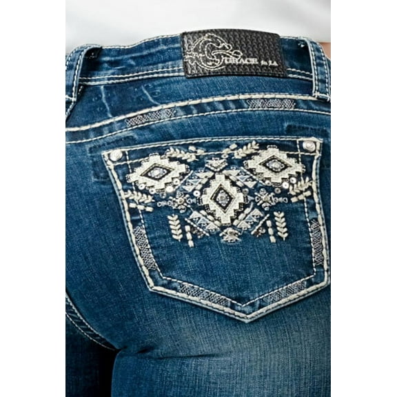 Grace In La Women's Medium Wash Mid Rise Geo Pocket Stretch Bootcut Jeans Medium Wash 32W x 34L