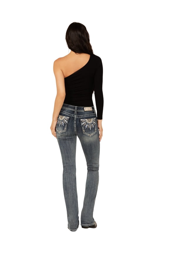 Women's Medium Wash Mid Rise Half Dreamcatcher Pocket Bootcut Jeans - EB-S646 28W x 34L