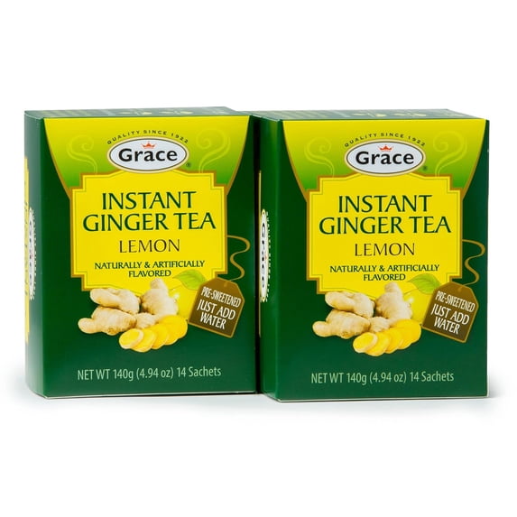 Grace Instant Pre-Sweetened Ginger Lemon Tea 4.94 oz - 2 Pack - Ginger Lemon Tea Bags - 28 Count