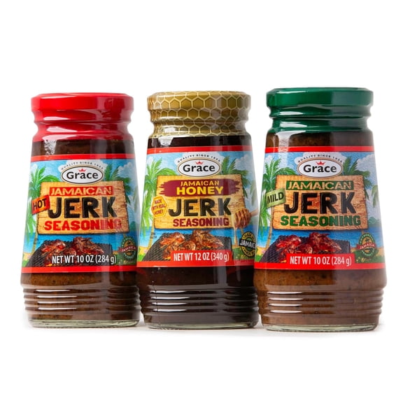 Grace Jamaican Jerk Seasoning Paste Variety Pack - Honey, Mild & Hot Jerk Seasoning(Three 10 Oz Jars)