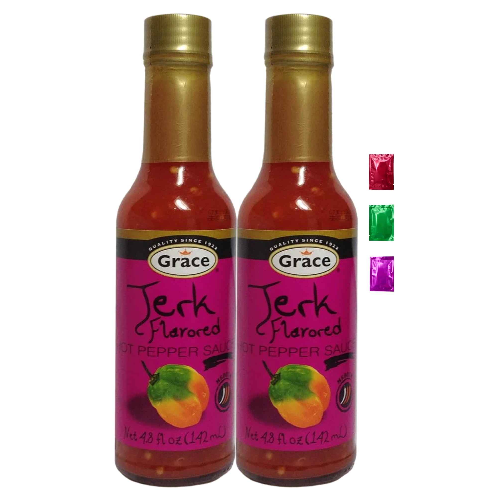Grace Jerk Flavored Hot Pepper Sauce 4.8 Fl Oz 2 Pack, Spicy Jamaican Scotch Bonnet Pepper Sauce with Caribbean Jerk Seasoning Marinade for Grilling Cooking Wings w/ Snoep in Beperkte Oplage