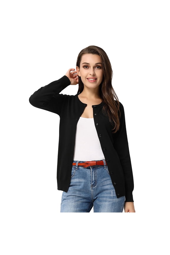 Classic Women's Button Down Crew Neck Sweater Knit Cardigan Long Sleeve (S~3XL)