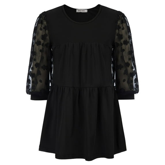 Grace Karin Women Mesh Sleeve Loose Babydoll T Shirt Flowy Blouse Tunic Tops Black