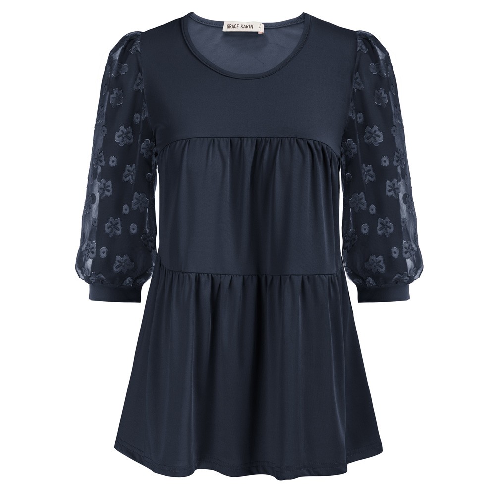 Chouyatou Women's Crochet Eyelet V-Neck Blouse - Puff Sleeve Babydoll Top