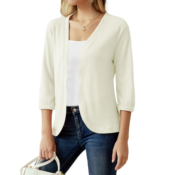 Grace Karin Women's Basic 3/4 Sleeve V Neck Open Front Waffle Knit Cropped Cardigan Sweater