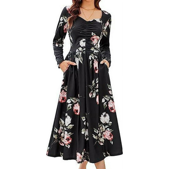 Grace Karin Women's Fall Square Neck Long Sleeve Floral Dress Casual Flowy High Waist A Line Midi Dress with Pockets